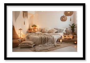 Create your own dreamy boho haven with a serene bedroom interior featuring cozy furniture, vibrant boho chic accents, and ambient lighting, complemented by natural light, earthy tones