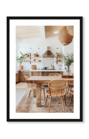 Modern minimal kitchen with wooden furniture  and wicker lamps in boho style.
