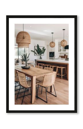 Modern minimal kitchen with wooden furniture  and wicker lamps in boho style.
