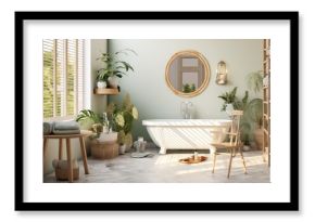 Comfortable bathroom with interior design in boho chic style, bathtub, vintage commode with mirror, wicker armchair, fluffy carpet and green houseplants in flowerpots