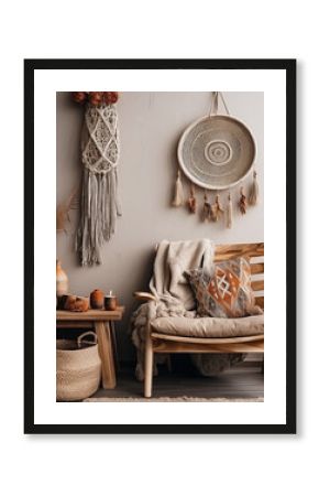 Salon boho - mockup dla dekoracji makrama na ścianie. Brązowe i beżowe kolory wnętrza. Render 3d. Wizualizacja 