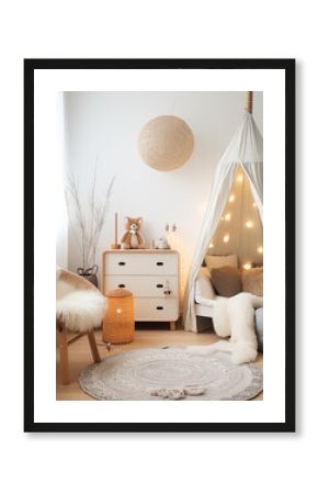 Jasny przytulny pokój dziecka w stylu boho - dekoracje na ścianie. Beżowe kolory wnętrza. Render 3d. Wizualizacja