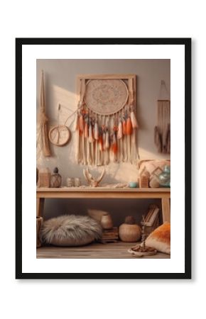 Salon boho - mockup dla obrazu na ścianie. Brązowe i beżowe kolory wnętrza. Render 3d. Wizualizacja 