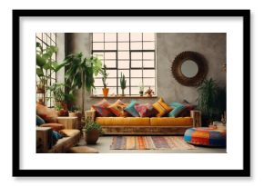 Ethnic boho style modern home living room interior with chairs and decorations and sofa