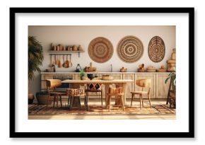 Ethnic boho style modern home interior with chairs and decorations