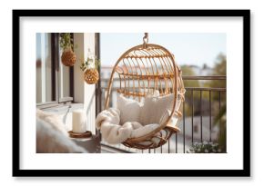 Cozy boho style balcony interior design with swinging chair, natural decoration and potted green plants