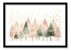 illustration of soft pink, green and golden christmas trees boho style on white ground with space for text, christmas background