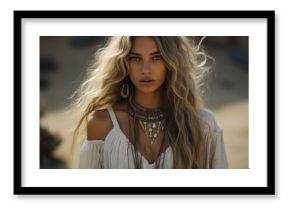 a boho girl adorned in a palette of white, black, sand, light gray, silver, and gold