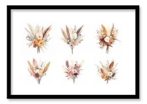 Set of watercolor boho flower bouquets with dried grass on a white background