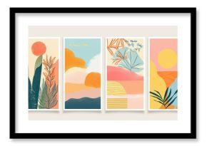 boho tropical plant and flower artwork picture frame collection set on wall, minimal style home wall hanging decor, mockup idea, Generative Ai