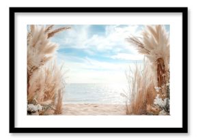 Wedding ceremony in boho rustic style. Decor for wedding ceremony on the sea.