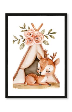 Watercolor boho baby deer with flower tent, cute bohemian woodland illustration