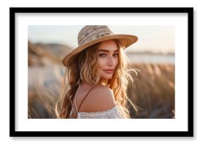 beautiful cowgirl in boho fashion coastal background lifestyle portrait