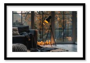 A black lamp by a sofa row of candles on floor lighting boho living room