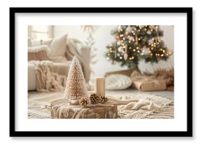 Christmas boho decorations. Beautiful christmas tree and boho decor background. New Year composition. Holiday card copy space