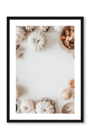 Boho top view Thanksgiving day with autumn pumpkins, autumn boho decor