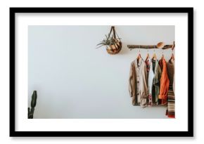 Modern minimalist room with stylish boho clothing collection on wooden hanger rack and plants