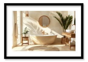 Modern boho style bathroom in beige tones   realistic photography shot of stylish interior design