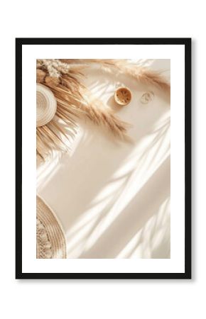 Boho home decor flat lay background, natural details and decoration in bright summer daylight