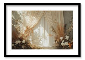 Generate a graceful boho wedding backdrop with gently draped neutral beige linen. Abstract floral sunlight shadows should enhance the texture and add a refined touch