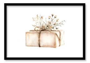 Watercolor illustration of a boho Christmas gift box, wrapped with rustic twine and adorned with delicate dried flowers, muted earthy tones, isolated on a white background 