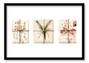 Elegant boho Christmas gift box clipart, wrapped in twine with dried floral accents, rendered in a soft watercolor style with muted tones, isolated on a white background 