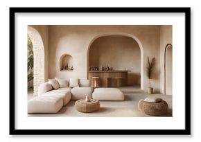 Elegant neutral Mediterranean Japandi living room arched wall minimalist decor cozy warm aesthetic natural elegant stylish home decor interior stylist room boho organic natural eco beige brown cream 