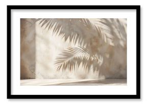 Minimal product placement background with palm shadow on beige plaster wall Luxury summer architecture interior aesthetic Boho home room for product platform stage mockup