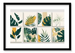 Collection of 6 botanical prints showcasing abstract tropical plant designs in shades of green, beige, and yellow, perfect for boho wall decor.
