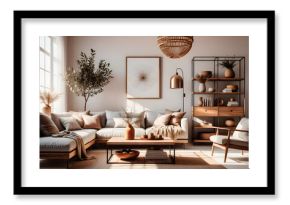 Living room interior in boho eco style with decorative elements and wonderful view