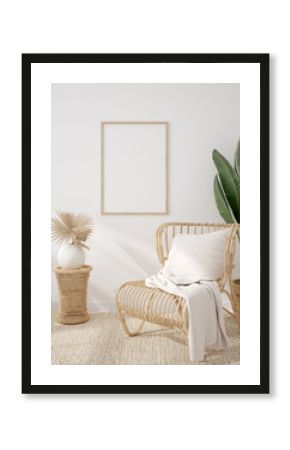 Mockup frame in coastal boho style interior, 3d render