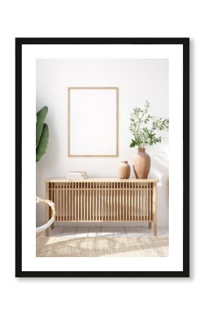 Mockup frame in bedroom interior background, Coastal boho style, 3d render