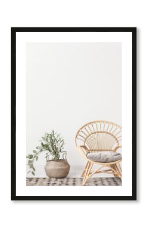 Living room interior with wicker armchair and eucalyptus plant, white wall mock up background, 3D render 