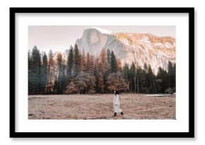 Happy relaxed young female traveler in stylish outfit sitting on stone border against picturesque mountain scenery with rocky cliffs and coniferous forest in Yosemite National Park in USA