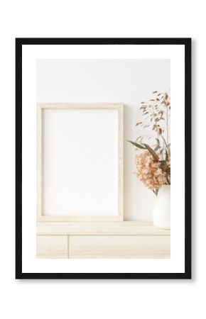 Mock up frame in home interior background, white room with natural wooden furniture, Scandi-Boho style, 3d render