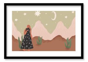 Single woman in desert landscape, earthy neutral illustration, boho style , celestial girl wall art, desert landscape, moon and stars