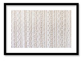 Close-up of hand made macrame texture pattern. ECO friendly modern knitting DIY natural decoration concept  in the interior. Flat lay. Handmade macrame 100% cotton. Female hobby.