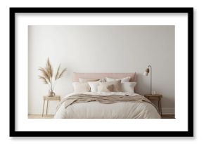 A minimalist bedroom with a pink headboard, white bedding, and a wooden nightstand
