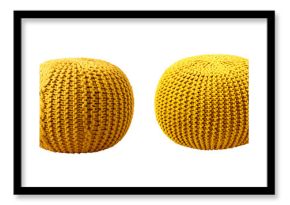 Charming, round yellow poufs with textured surfaces, showcasing knitted patterns that exude warmth, comfort, and a modern touch, perfect for stylish interiors and cozy home decor inspiration.