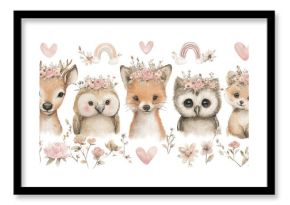 Hand-drawn woodland baby animals with flower crowns and rainbows, includes deer, fox, squirrel, and owl, soft boho tones, surrounded by floral elements and hearts, ideal for nursery wall art.