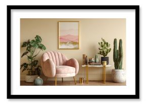 Retro interior design of living room with stylish vintage chair and table, plants, cacti, personal accessories and gold mock up poster frame on the beige wall. Elegant home decor. Template.