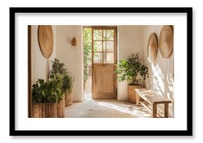 Rustic boho hallway interior.  Natural light, plants, wicker baskets, wooden bench. Perfect for home decor, websites, and blogs. Ideal for lifestyle and interior design projects.