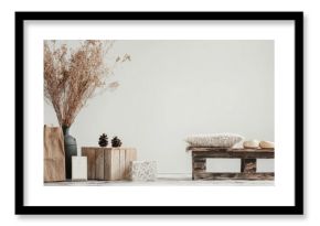 Minimalist boho living room interior with dry branches and natural elements modern neutral space
