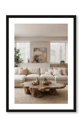 Japandi boho style living room interior. Beige sofa, rustic wood coffee table, jute rug. Minimalist home design with modern light furniture, indoor plants and cozy decor elements.