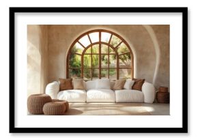 white sofa in a boho style room with an arched window and stucco walls, exemplifying rustic interior design for a modern living room. Created with, Generative AI