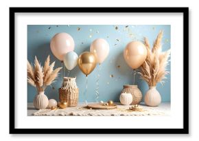 Elegant boho celebration background with beige and gold balloons, pampas grass, vases, and confetti. Modern minimalist party decor.