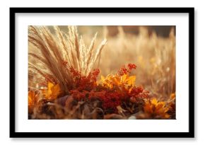 Elegant autumn still life with pumpkin, pampas grass, and fall flowers in warm tones