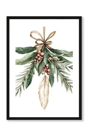 Boho Christmas Mistletoe Clipart Decorated with Feathers Watercolor in Earthy Tones Isolated on White Background  Eco Friendly Rustic and Elegant Holiday Decor Design