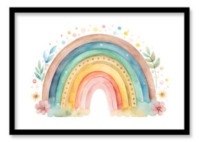Watercolor illustration clipart boho rainbow with dots, branches, clouds, flowers. Isolated on transparent background. Perfect for card, postcard, tags, invitation, printing, wrapping.