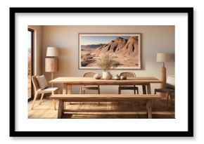 A farmhouse dining room with a rustic table, bench, and chairs, styled with a boho touch and poster frame on a soft beige wall.